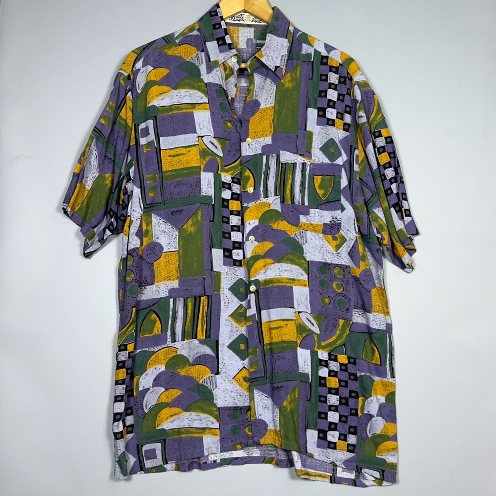 Fashion Tipos‎ Vintage Abstract Rayon Shirt Mens Size Medium 90s Geometric